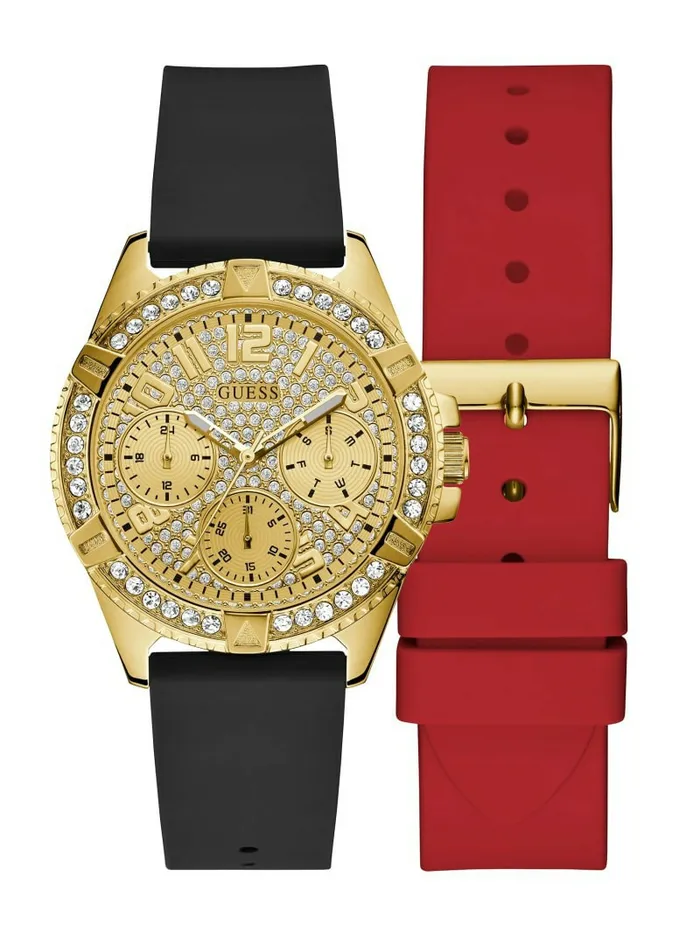 Women GoldTone Crystal Multifunction Watch with Red Silicone Strap Gold Watches GUESS