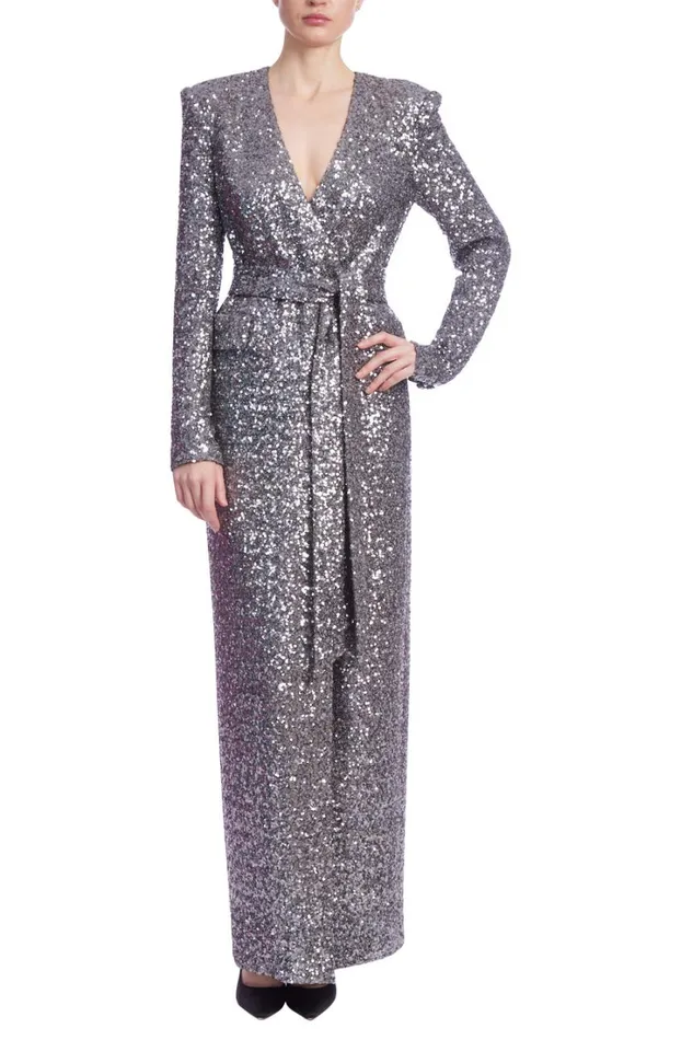 Women Gowns Badgley Mischka Long Sequin Wrap Coat Gown Pewter