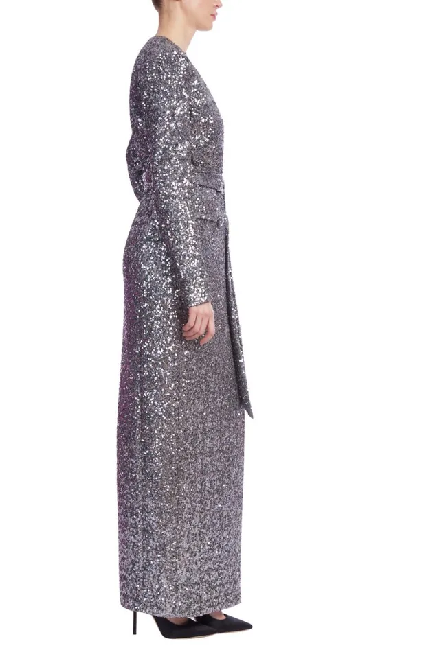 Women Gowns Badgley Mischka Long Sequin Wrap Coat Gown Pewter