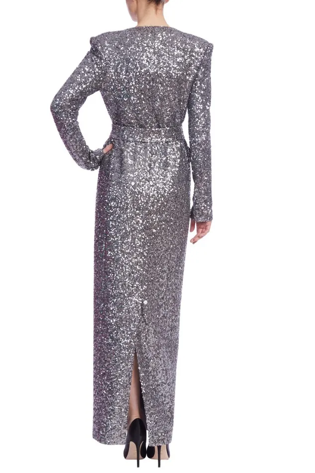 Women Gowns Badgley Mischka Long Sequin Wrap Coat Gown Pewter
