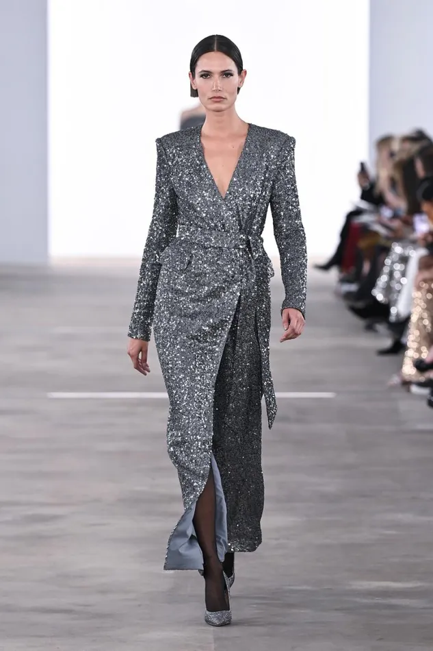 Women Gowns Badgley Mischka Long Sequin Wrap Coat Gown Pewter