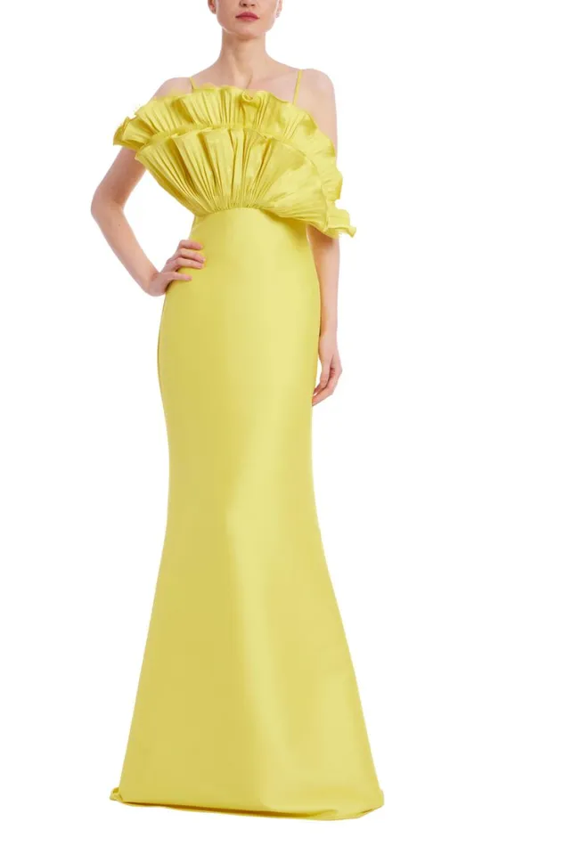 Women Gowns Badgley Mischka Ruffle Bodice Mermaid Gown Yellow