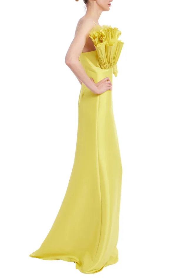 Women Gowns Badgley Mischka Ruffle Bodice Mermaid Gown Yellow