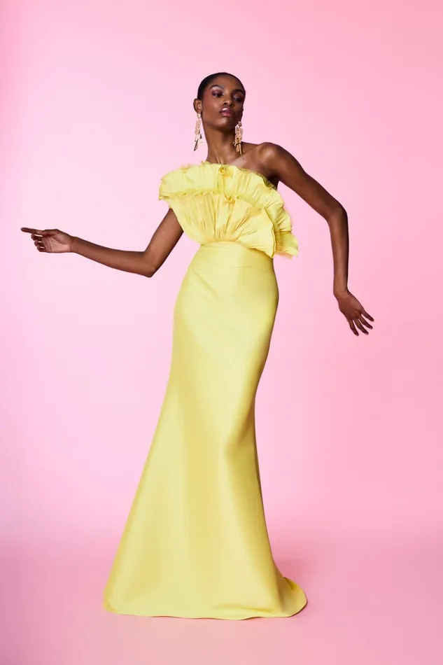 Women Gowns Badgley Mischka Ruffle Bodice Mermaid Gown Yellow