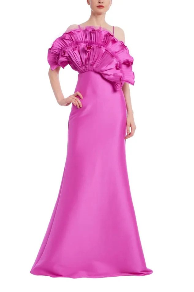 Women Gowns Badgley Mischka Ruffle Bodice Mermaid Gown Yellow