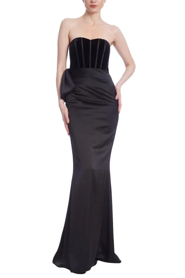 Women Gowns Badgley Mischka Strapless Bustier Bodice Column Gown Black