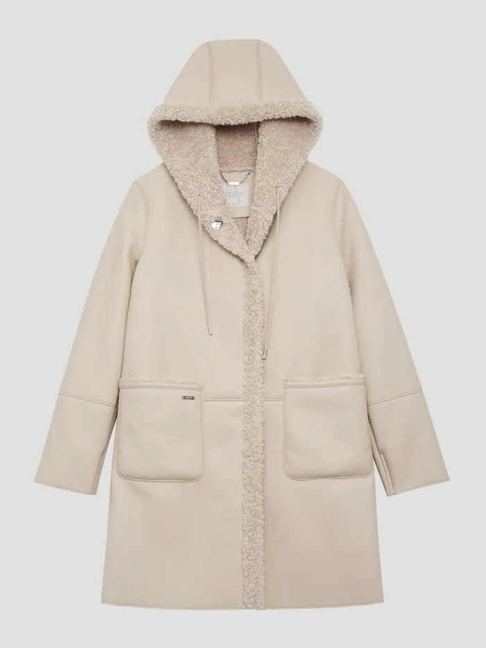 Women GUESS Clara Hooded Parka Pearl Oyster Jackets and Coats