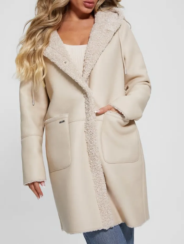 Women GUESS Clara Hooded Parka Pearl Oyster Jackets and Coats