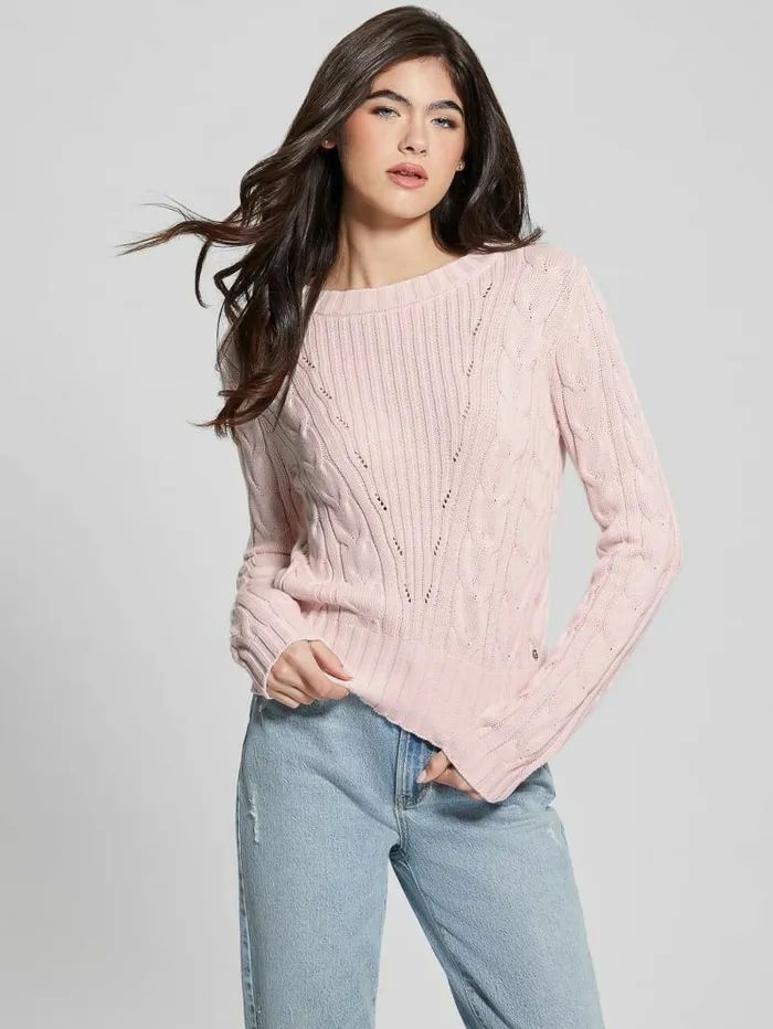 Women GUESS Elle Cable Knit Sweater Low Key Pink Sweaters and Knits