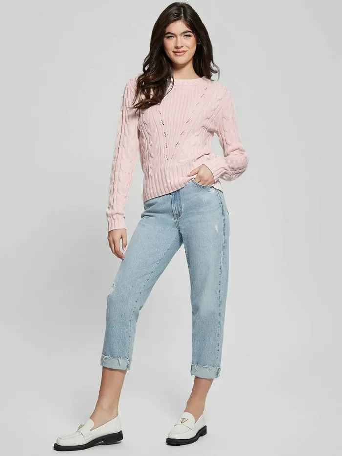 Women GUESS Elle Cable Knit Sweater Low Key Pink Sweaters and Knits Women GUESS Elle Cable Knit Sweater Low Key Pink Sweaters and Knits