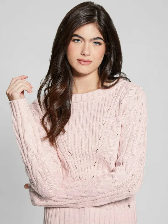 Women GUESS Elle Cable Knit Sweater Low Key Pink Sweaters and Knits Women GUESS Elle Cable Knit Sweater Low Key Pink Sweaters and Knits