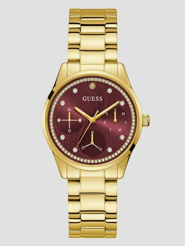 Women GUESS GoldTone and Burgundy Multifunction Watch Gold Watches
