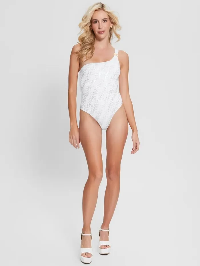 Women GUESS Quattro G Rhinestone OnePiece Swimsuit Pure White Swimwear Women GUESS Quattro G Rhinestone OnePiece Swimsuit Pure White Swimwear