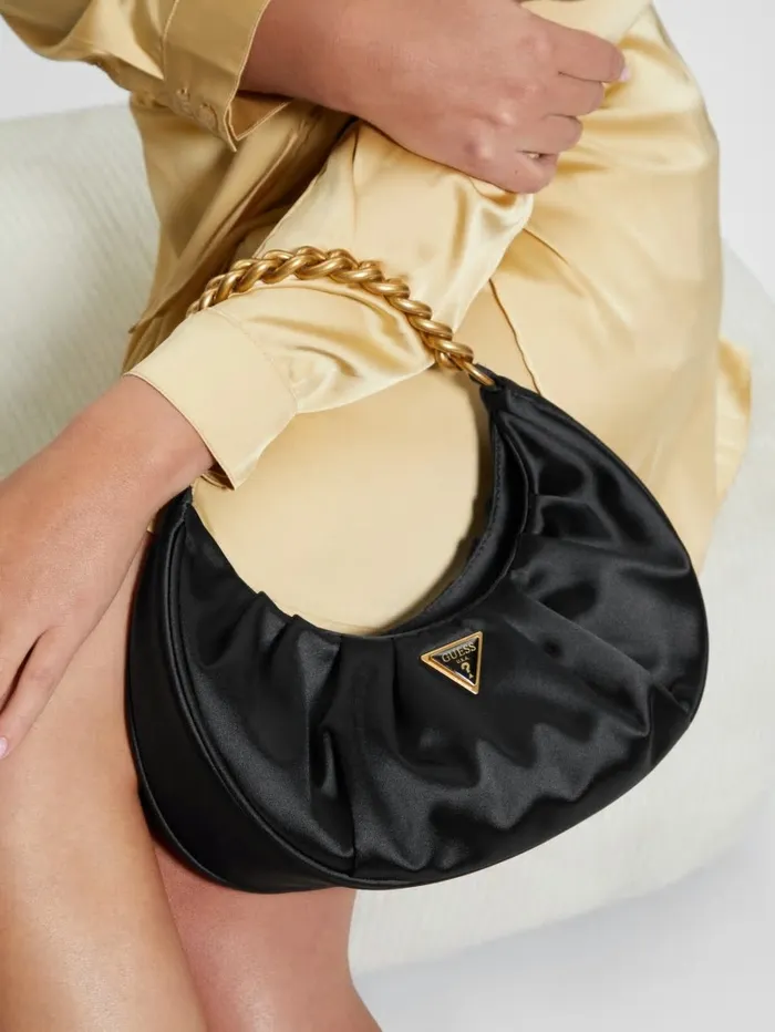 Women GUESS Tori Satin Shoulder Bag Black Handbags
