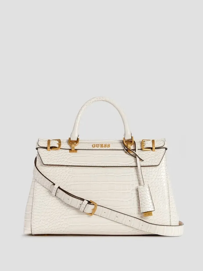 Women Handbags GUESS Sestri CrocodileEmbossed Satchel White