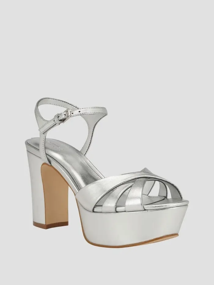 Women Heels GUESS Haylo Crisscross Platform Block Heels Silver 040