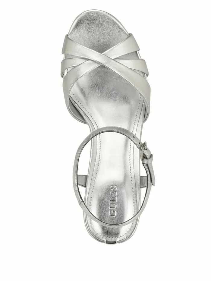 Women Heels GUESS Haylo Crisscross Platform Block Heels Silver 040 Women Heels GUESS Haylo Crisscross Platform Block Heels Silver 040