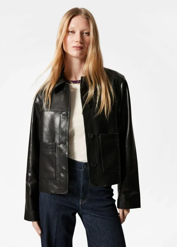 Women Jackets and Coats and Other Stories PatchPocket Leather Jacket Black