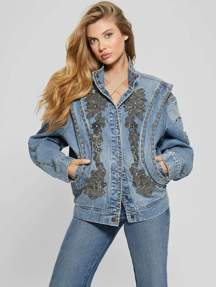 Women Jackets and Coats GUESS Blake Oversized Denim Flight Jacket Bluestone