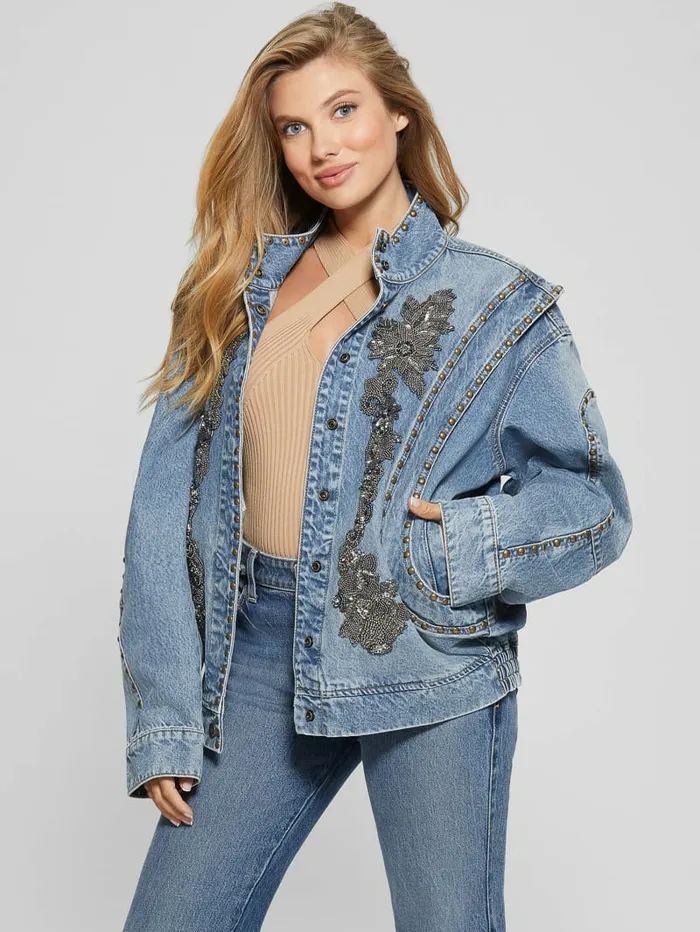 Women Jackets and Coats GUESS Blake Oversized Denim Flight Jacket Bluestone Women Jackets and Coats GUESS Blake Oversized Denim Flight Jacket Bluestone