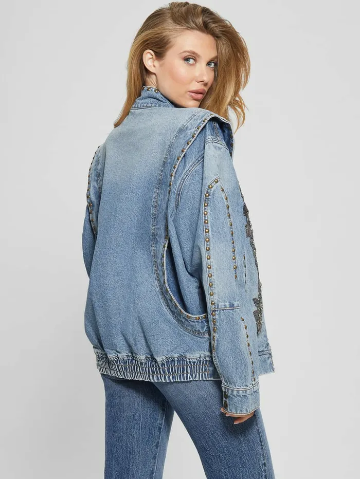 Women Jackets and Coats GUESS Blake Oversized Denim Flight Jacket Bluestone Women Jackets and Coats GUESS Blake Oversized Denim Flight Jacket Bluestone