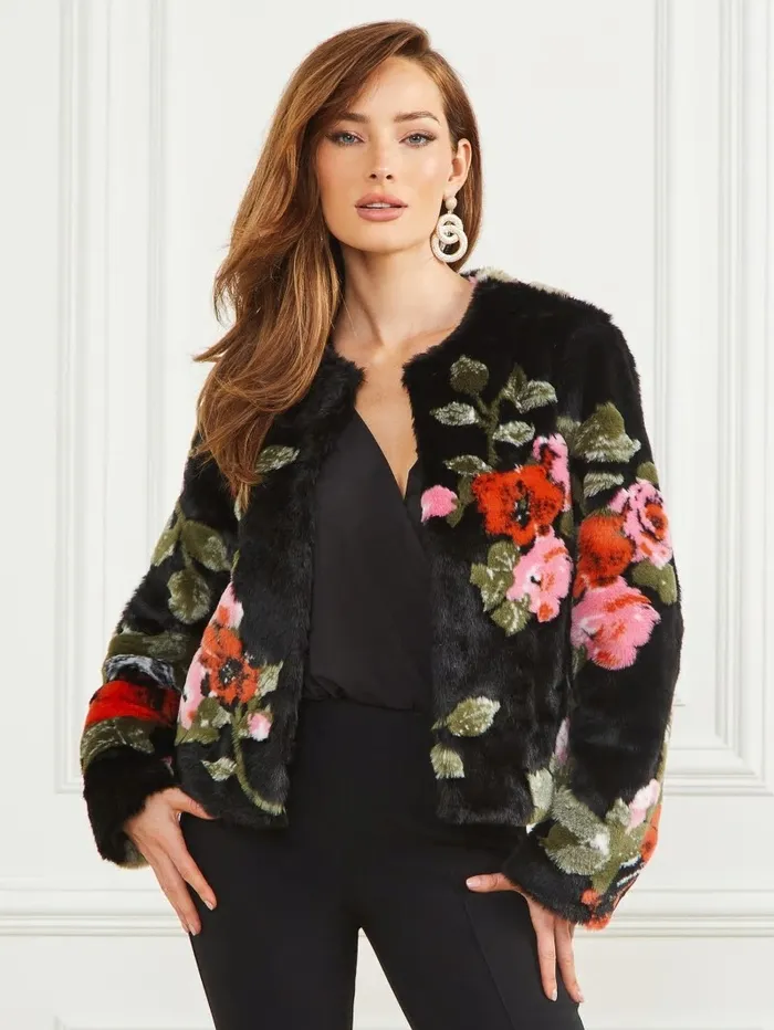 Women Jackets and Coats GUESS Corsage FauxFur Floral Jacket Corsage Print