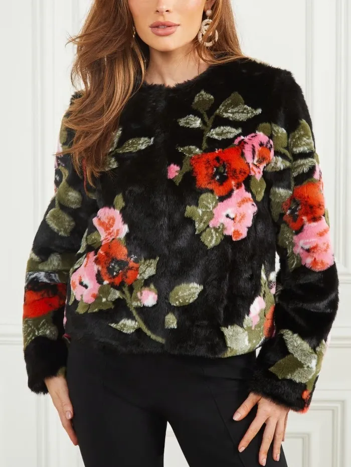 Women Jackets and Coats GUESS Corsage FauxFur Floral Jacket Corsage Print Women Jackets and Coats GUESS Corsage FauxFur Floral Jacket Corsage Print