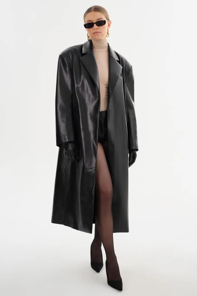 Women JANELLE Recycled Leather Coat Black LAMARQUE Trench Coats