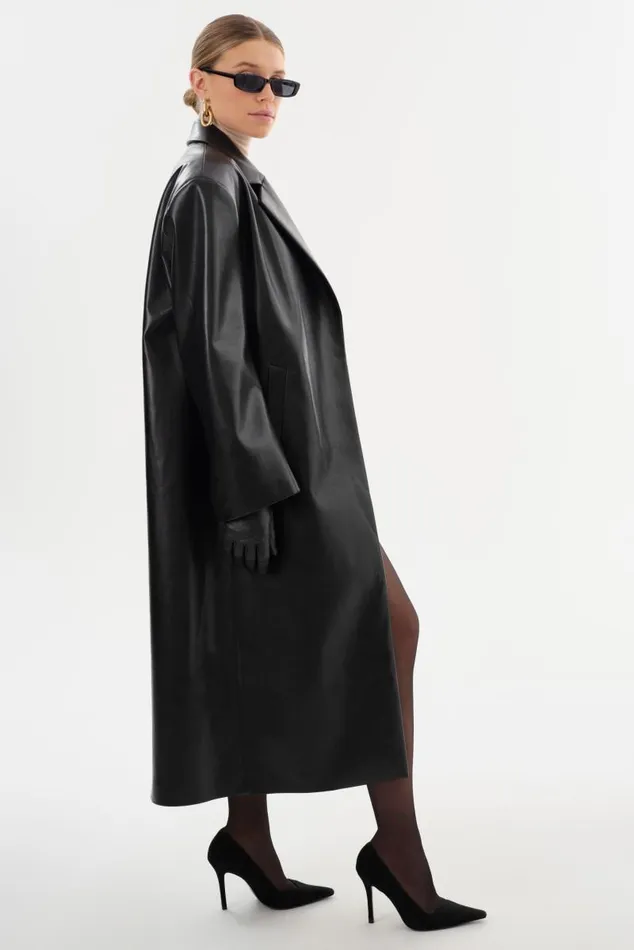 Women JANELLE Recycled Leather Coat Black LAMARQUE Trench Coats