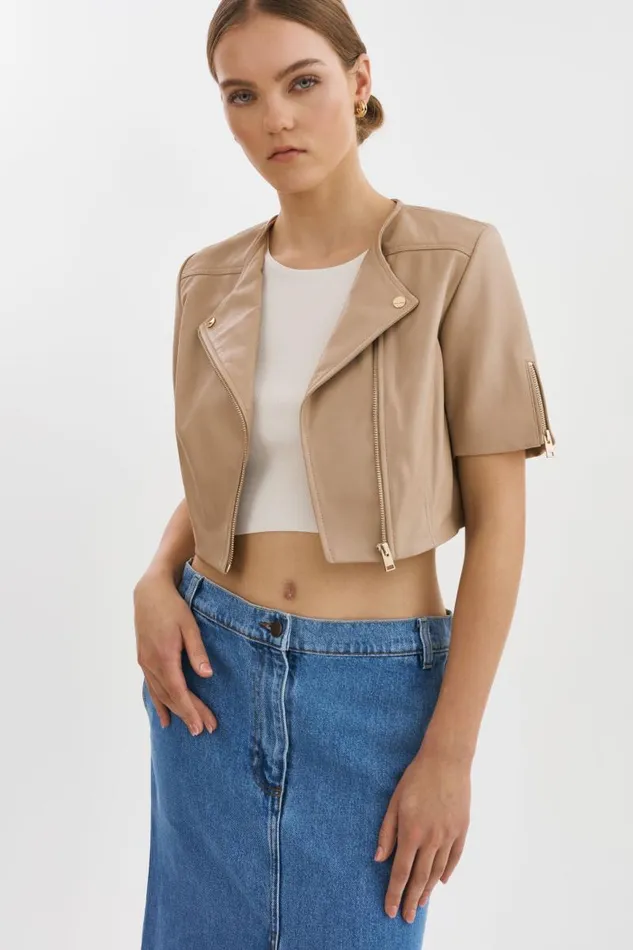 Women KIRSI GOLD Cropped Biker Jacket Wheat LAMARQUE Leather Jackets