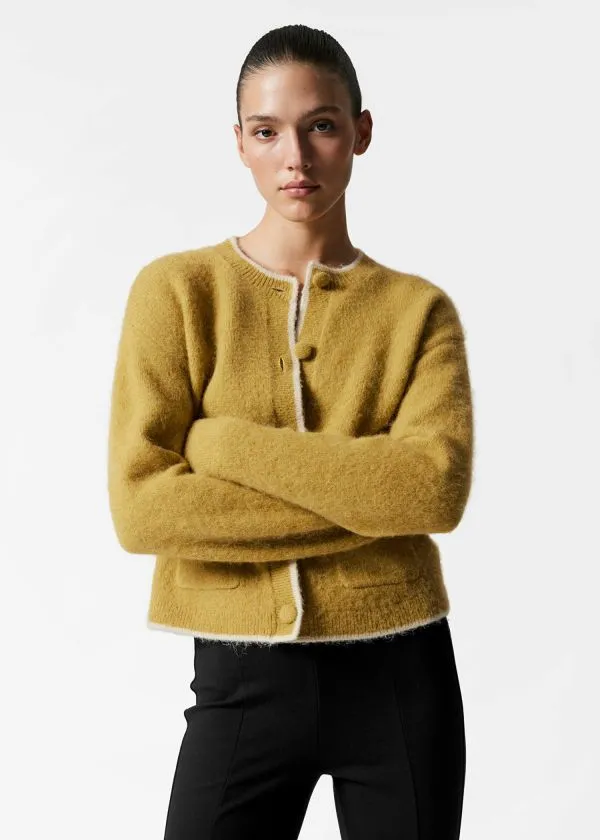 Women Knitwear and Other Stories Boxy CrewNeck Cardigan Oliveandpink