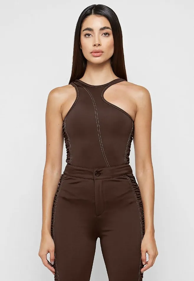 Women Manire De Voir Asymmetric Ruched Side Bodysuit Chocolate Brown