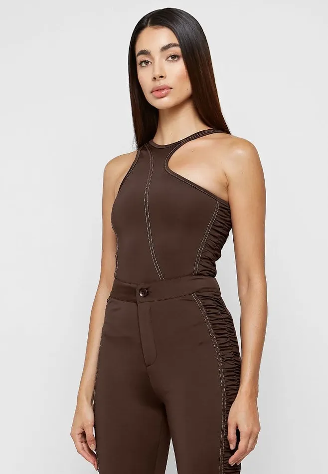 Women Manire De Voir Asymmetric Ruched Side Bodysuit Chocolate Brown