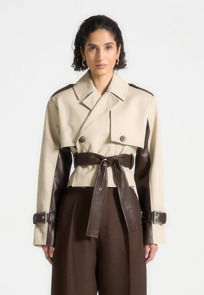 Women Manire De Voir Cropped Trench Coat With Belt Beigebrown