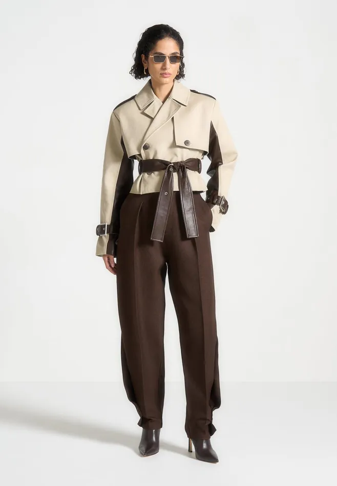 Women Manire De Voir Cropped Trench Coat With Belt Beigebrown