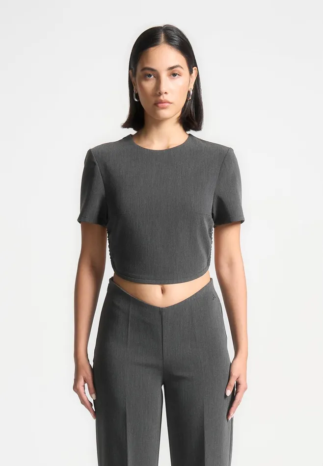Women Manire De Voir Curved Hem Backless Top With Tie Dark Grey