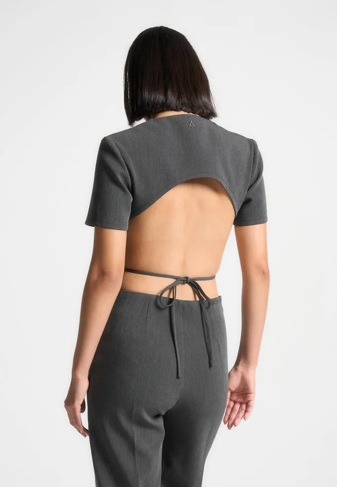Women Manire De Voir Curved Hem Backless Top With Tie Dark Grey