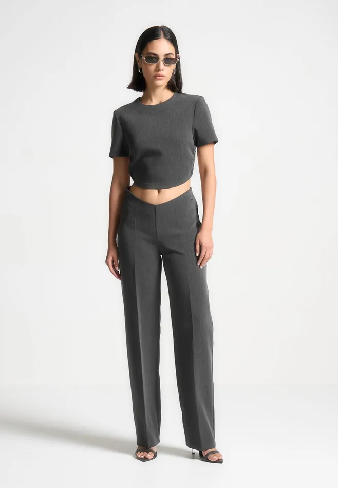 Women Manire De Voir Curved Hem Backless Top With Tie Dark Grey