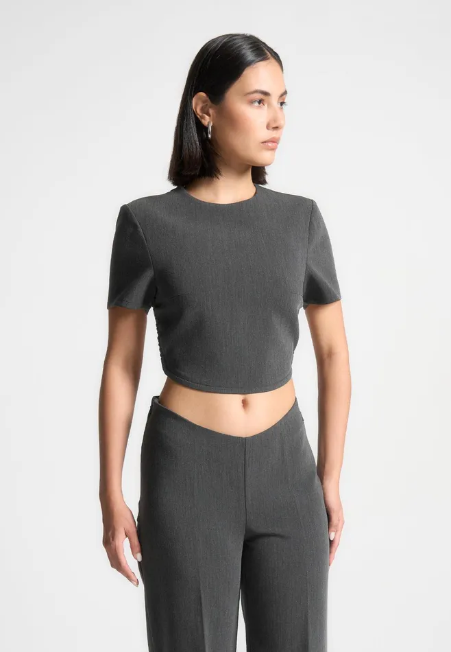 Women Manire De Voir Curved Hem Backless Top With Tie Dark Grey