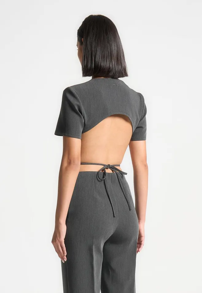 Women Manire De Voir Curved Hem Backless Top With Tie Dark Grey