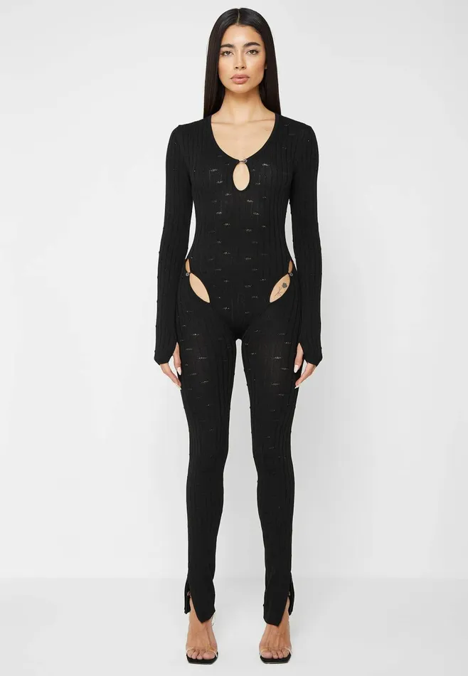 Women Manire De Voir Distressed Knitted Cut Out Jumpsuit Black