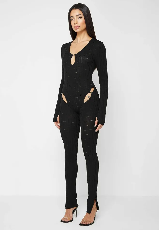 Women Manire De Voir Distressed Knitted Cut Out Jumpsuit Black
