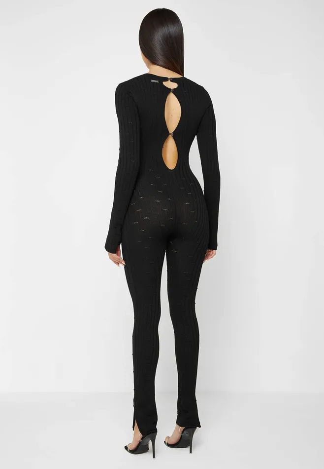Women Manire De Voir Distressed Knitted Cut Out Jumpsuit Black
