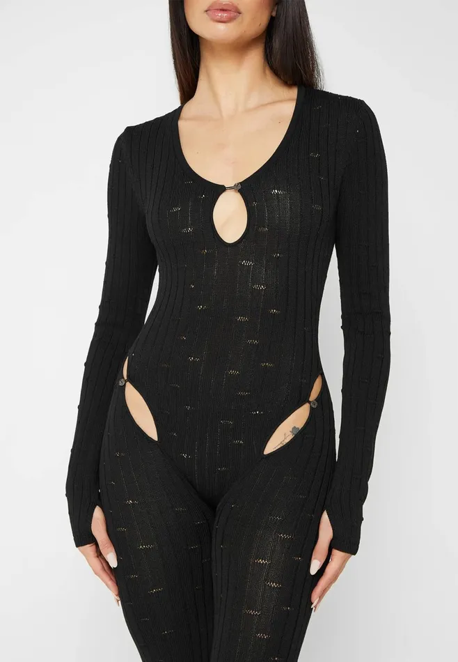 Women Manire De Voir Distressed Knitted Cut Out Jumpsuit Black