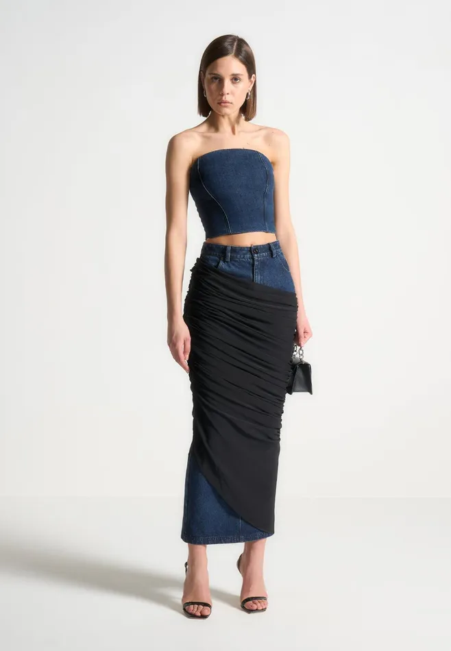 Women Manire De Voir Draped Mesh Denim Maxi Skirt Indigo