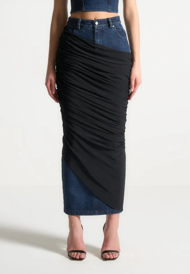 Women Manire De Voir Draped Mesh Denim Maxi Skirt Indigo