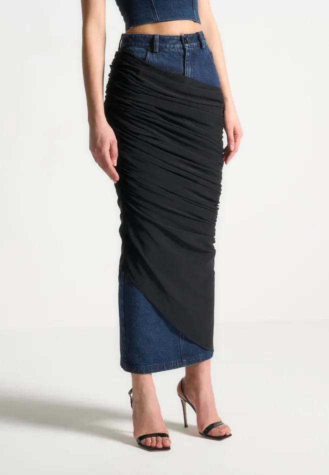 Women Manire De Voir Draped Mesh Denim Maxi Skirt Indigo