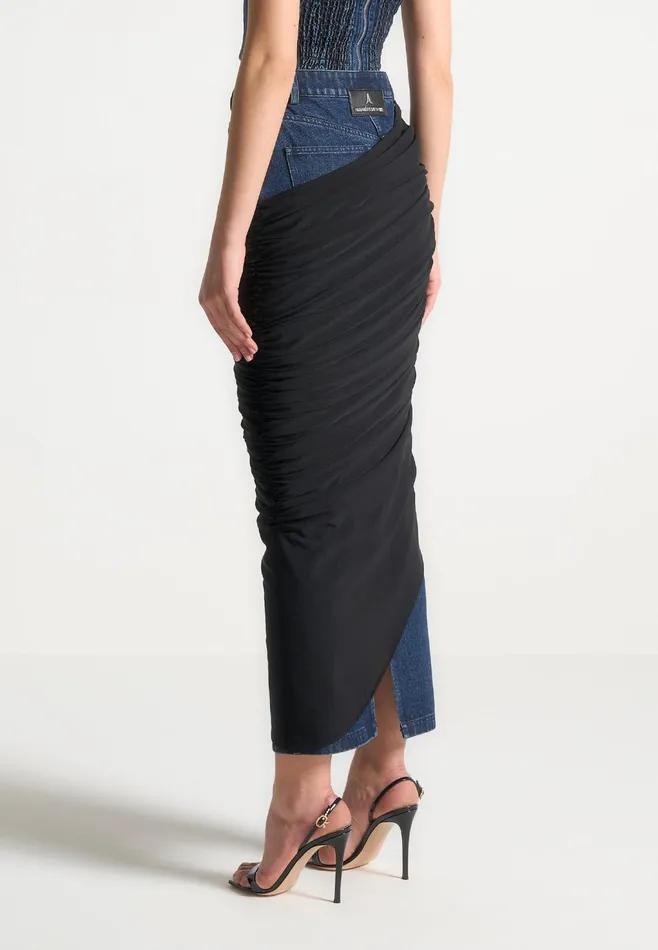 Women Manire De Voir Draped Mesh Denim Maxi Skirt Indigo