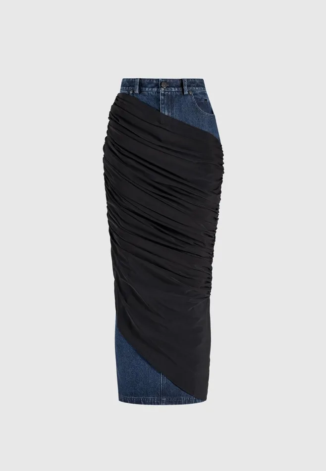 Women Manire De Voir Draped Mesh Denim Maxi Skirt Indigo