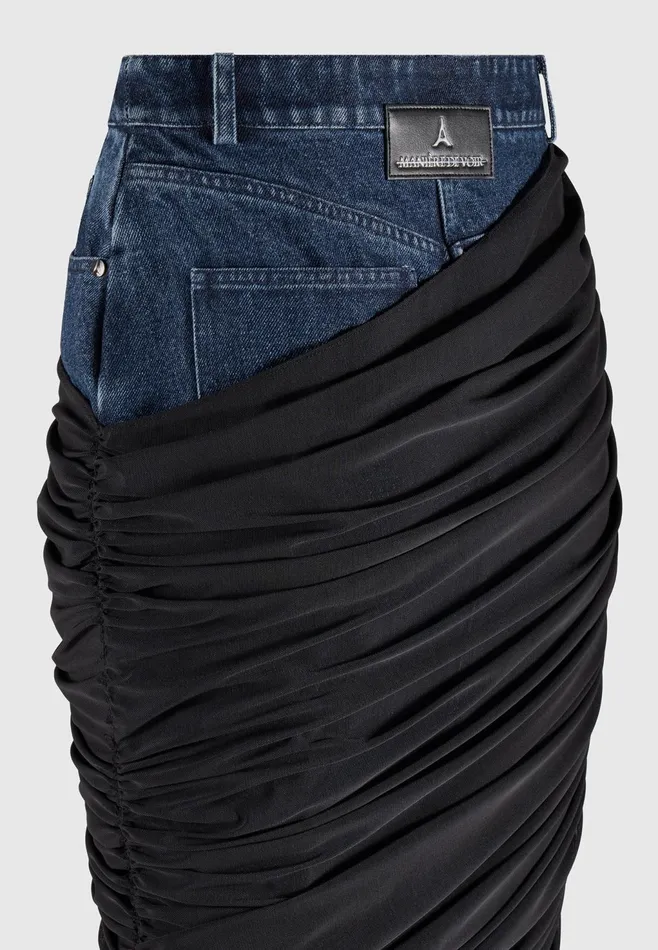 Women Manire De Voir Draped Mesh Denim Maxi Skirt Indigo